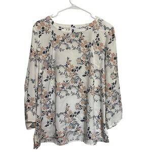 Liz Claiborne Floral Paisley 3/4 Sleeve Blouse White Navy Tan Large